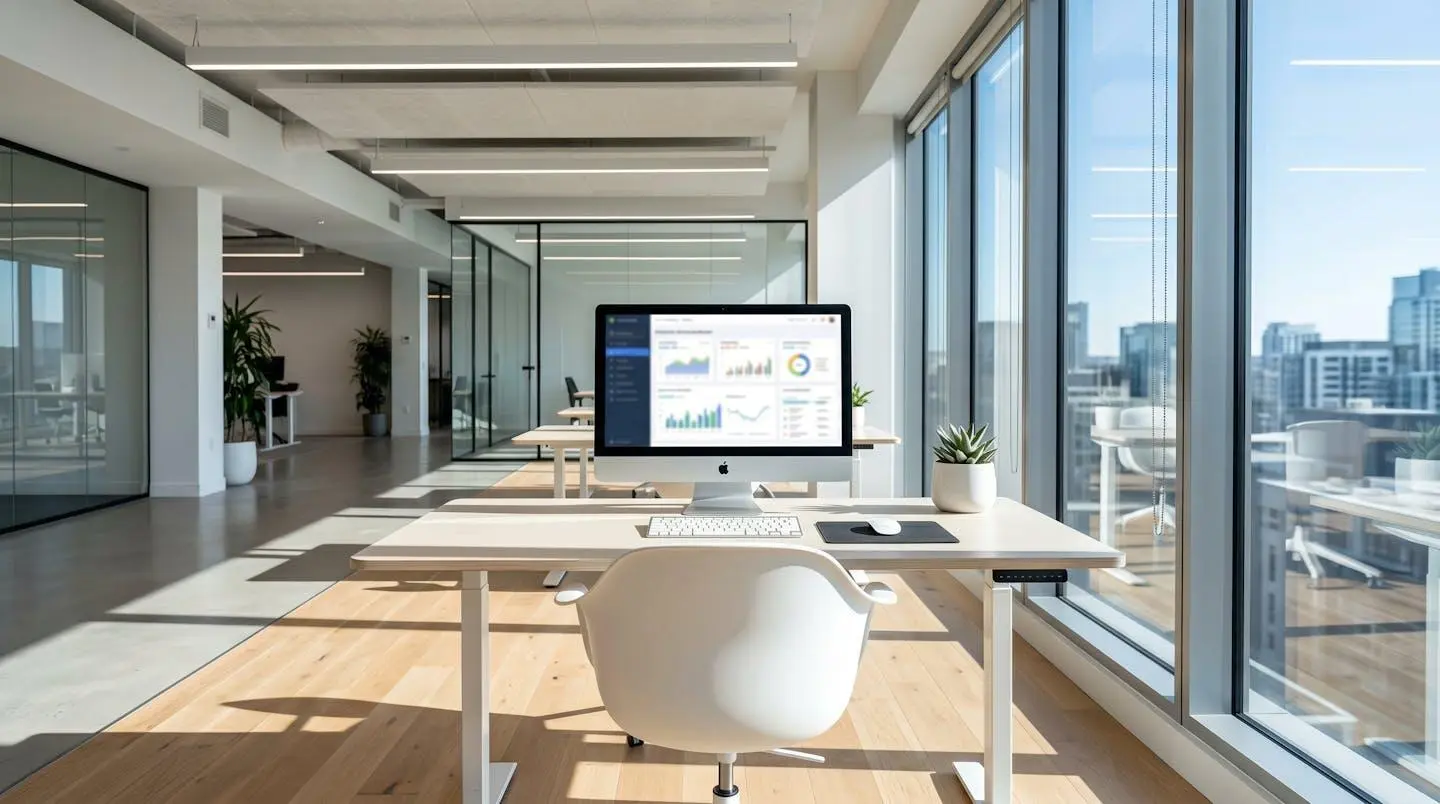 Bureau contemporain vide avec un écran d'ordinateur affichant un tableau de bord financier aux données floutées, baigné de lumière naturelle