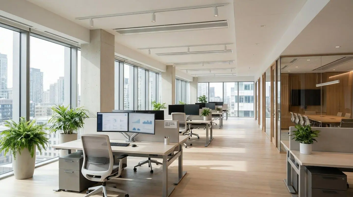 Vue en angle large d'un bureau moderne vide et lumineux avec un écran d'ordinateur affichant des graphiques floutés, grandes fenêtres laissant entrer la lumière naturelle