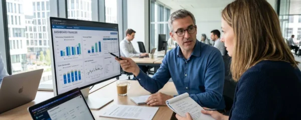 Vue par-dessus l'épaule de deux professionnels en chemise consultant un tableau de bord financier sur un écran d'ordinateur dans un bureau contemporain lumineux