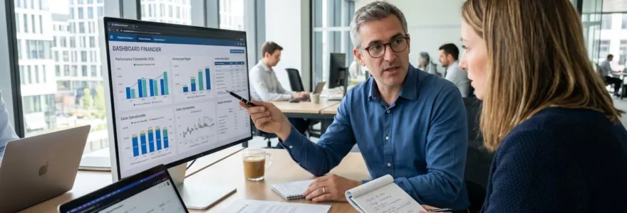 Vue par-dessus l'épaule de deux professionnels en chemise consultant un tableau de bord financier sur un écran d'ordinateur dans un bureau contemporain lumineux