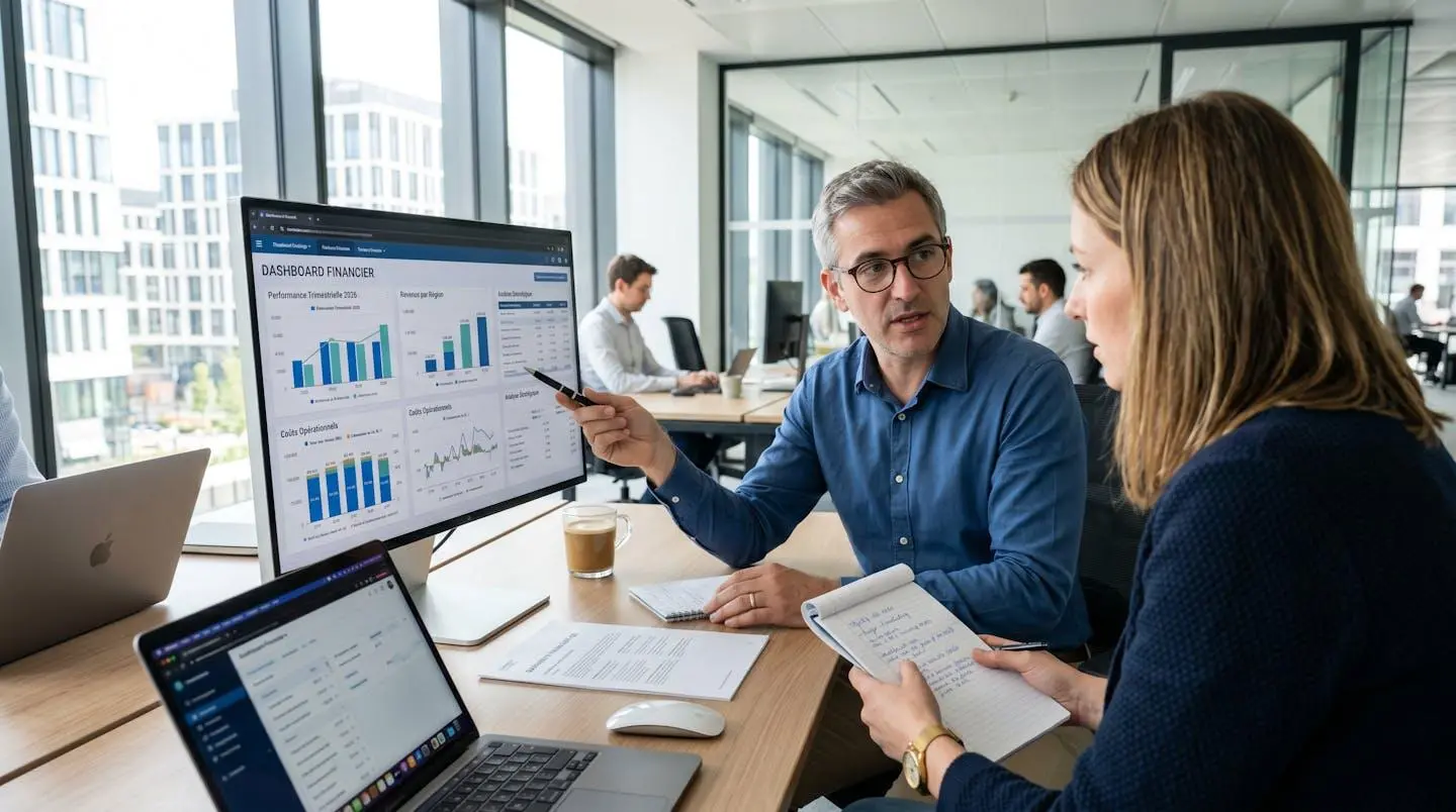 Vue par-dessus l'épaule de deux professionnels en chemise consultant un tableau de bord financier sur un écran d'ordinateur dans un bureau contemporain lumineux