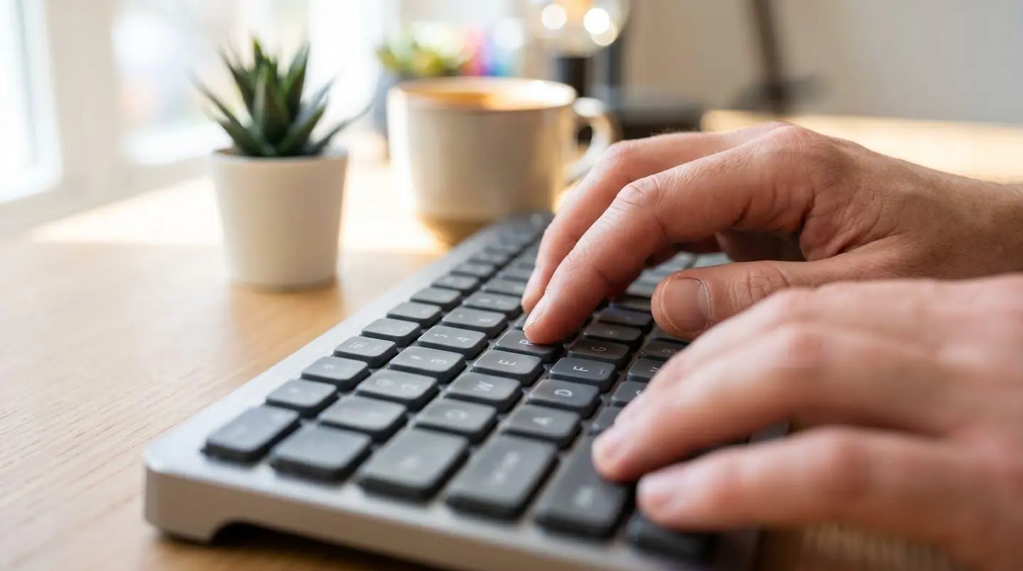 Gros plan sur des mains tapant sur un clavier d'ordinateur moderne avec une faible profondeur de champ créant un effet bokeh en arrière-plan