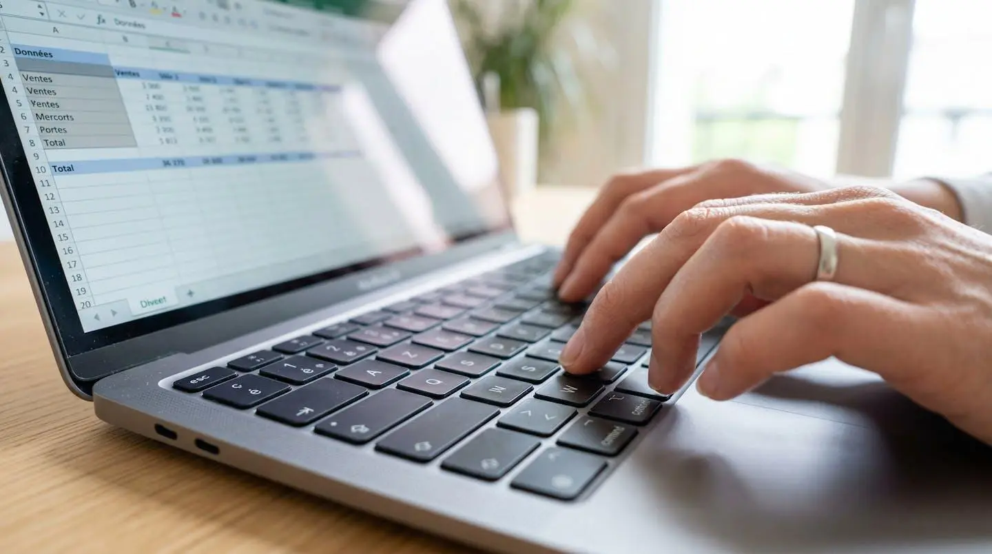 Gros plan sur des mains tapant sur un clavier d'ordinateur portable moderne avec écran flouté en arrière-plan