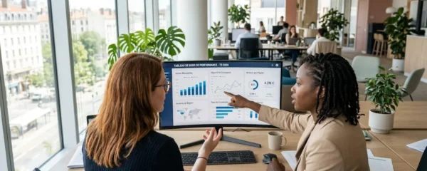 Deux professionnels vus de dos examinent un tableau de bord de suivi sur un écran d'ordinateur dans un bureau lumineux moderne