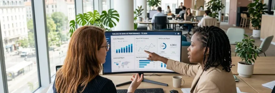 Deux professionnels vus de dos examinent un tableau de bord de suivi sur un écran d'ordinateur dans un bureau lumineux moderne