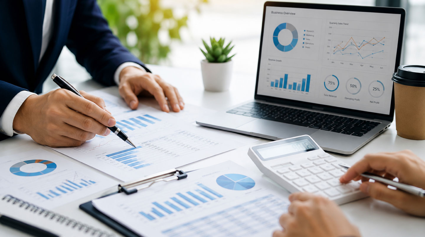 Écran affichant un tableau de bord de prévisions financières avec graphiques de chiffre d'affaires et tableaux de rentabilité en français