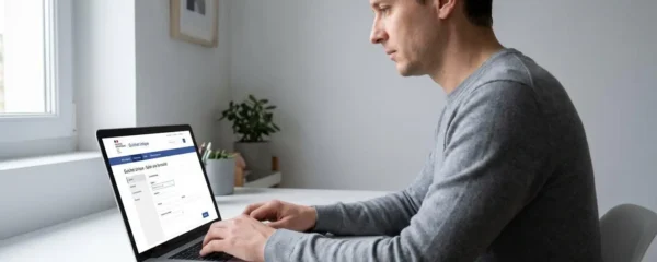 Entrepreneur consultant l'interface du Guichet Unique INPI sur un ordinateur portable pour effectuer les formalités de création d'entreprise en ligne