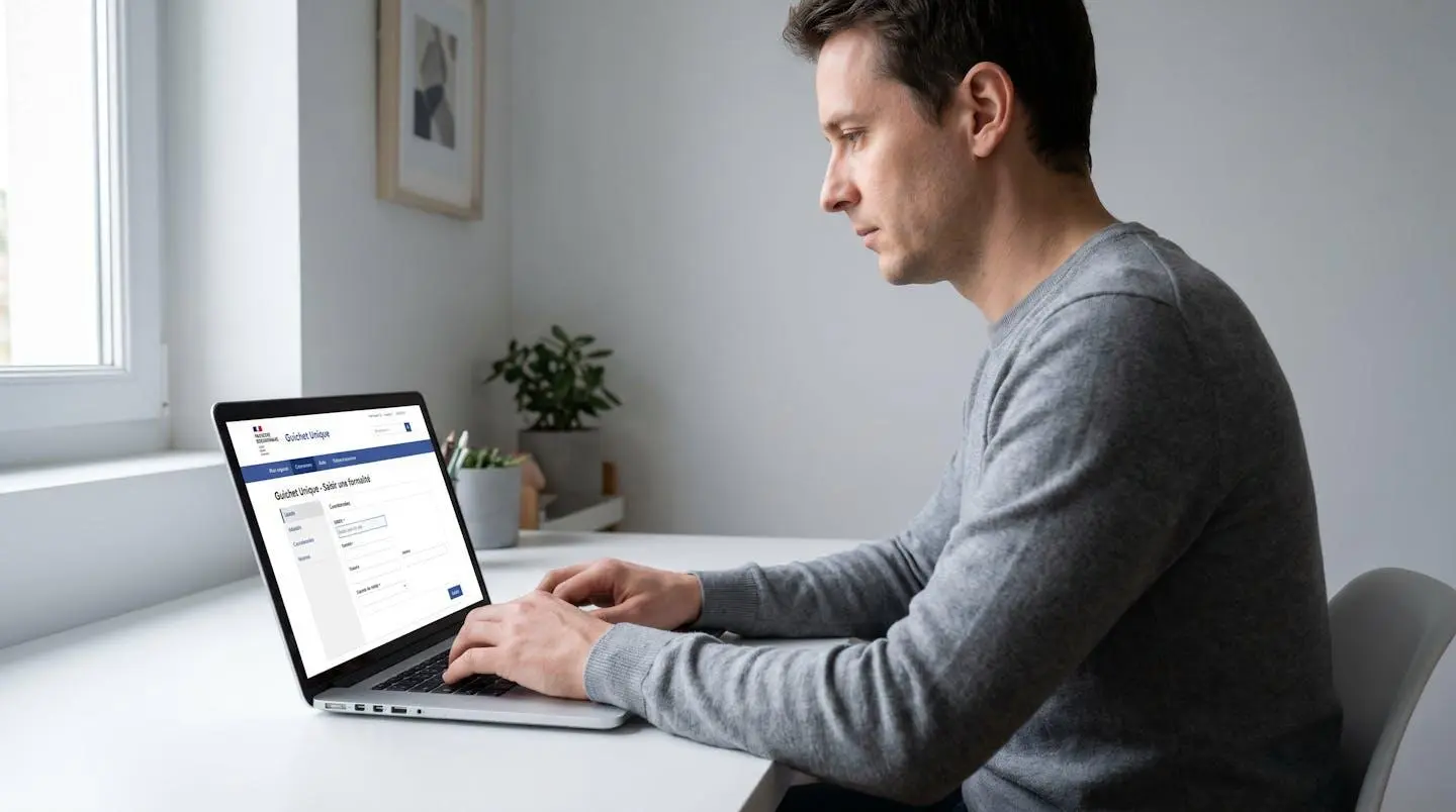 Entrepreneur consultant l'interface du Guichet Unique INPI sur un ordinateur portable pour effectuer les formalités de création d'entreprise en ligne