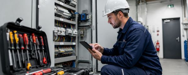 Technicien de maintenance consultant une tablette tactile tout en inspectant une armoire électrique dans un local technique, avec caisse à outils ouverte au premier plan