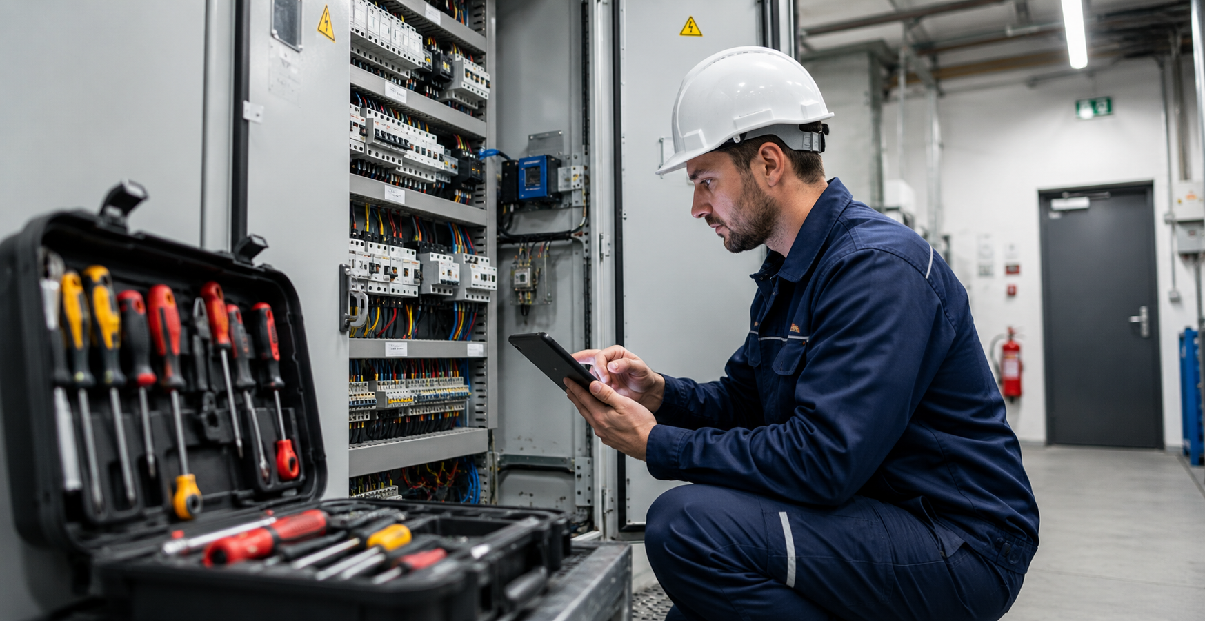 Technicien de maintenance consultant une tablette tactile tout en inspectant une armoire électrique dans un local technique, avec caisse à outils ouverte au premier plan