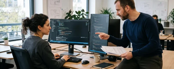 Deux développeurs collaborant sur le code d'un logiciel ERP personnalisé dans un bureau de développement moderne