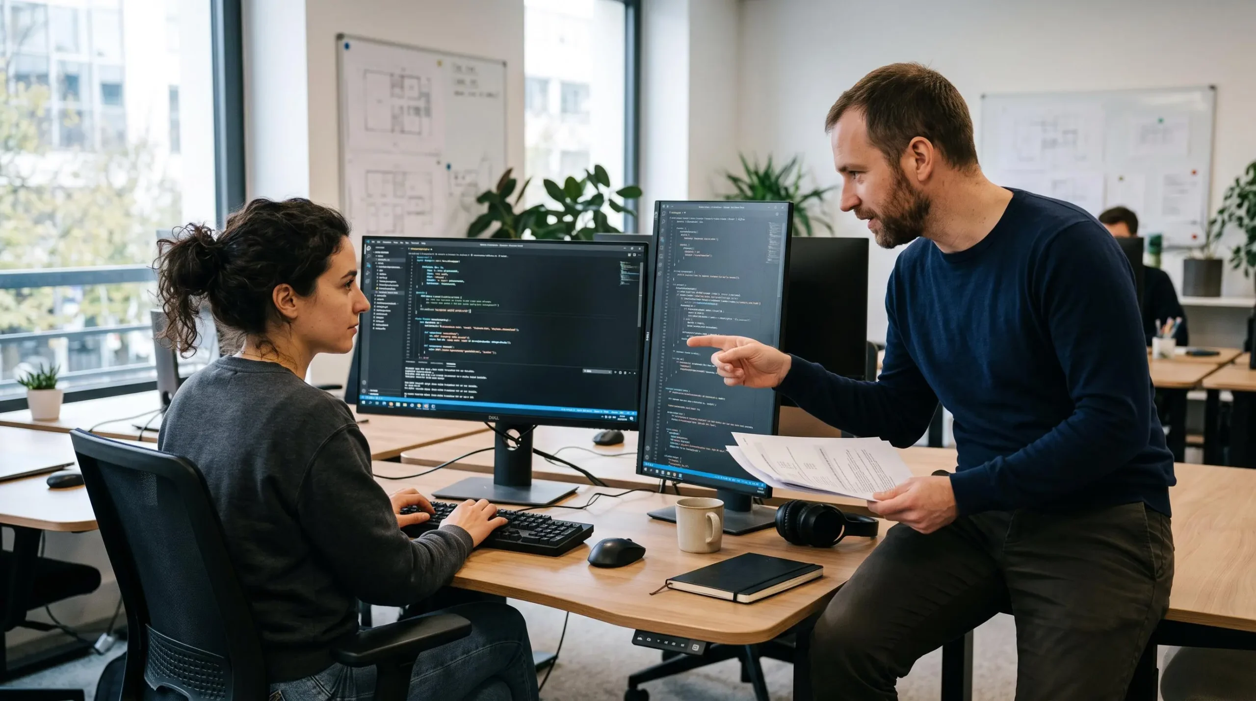 Deux développeurs collaborant sur le code d'un logiciel ERP personnalisé dans un bureau de développement moderne