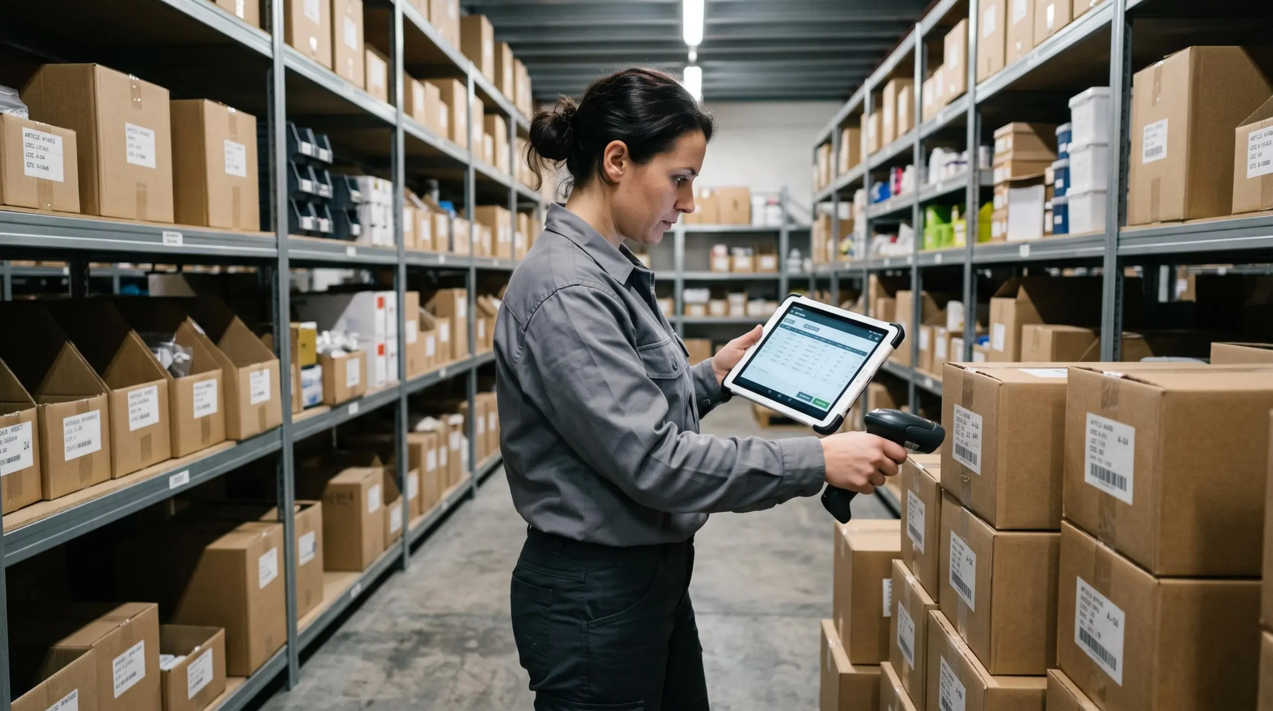 Un employé d'entrepôt utilise une tablette équipée d'un système ERP pour gérer les stocks en temps réel