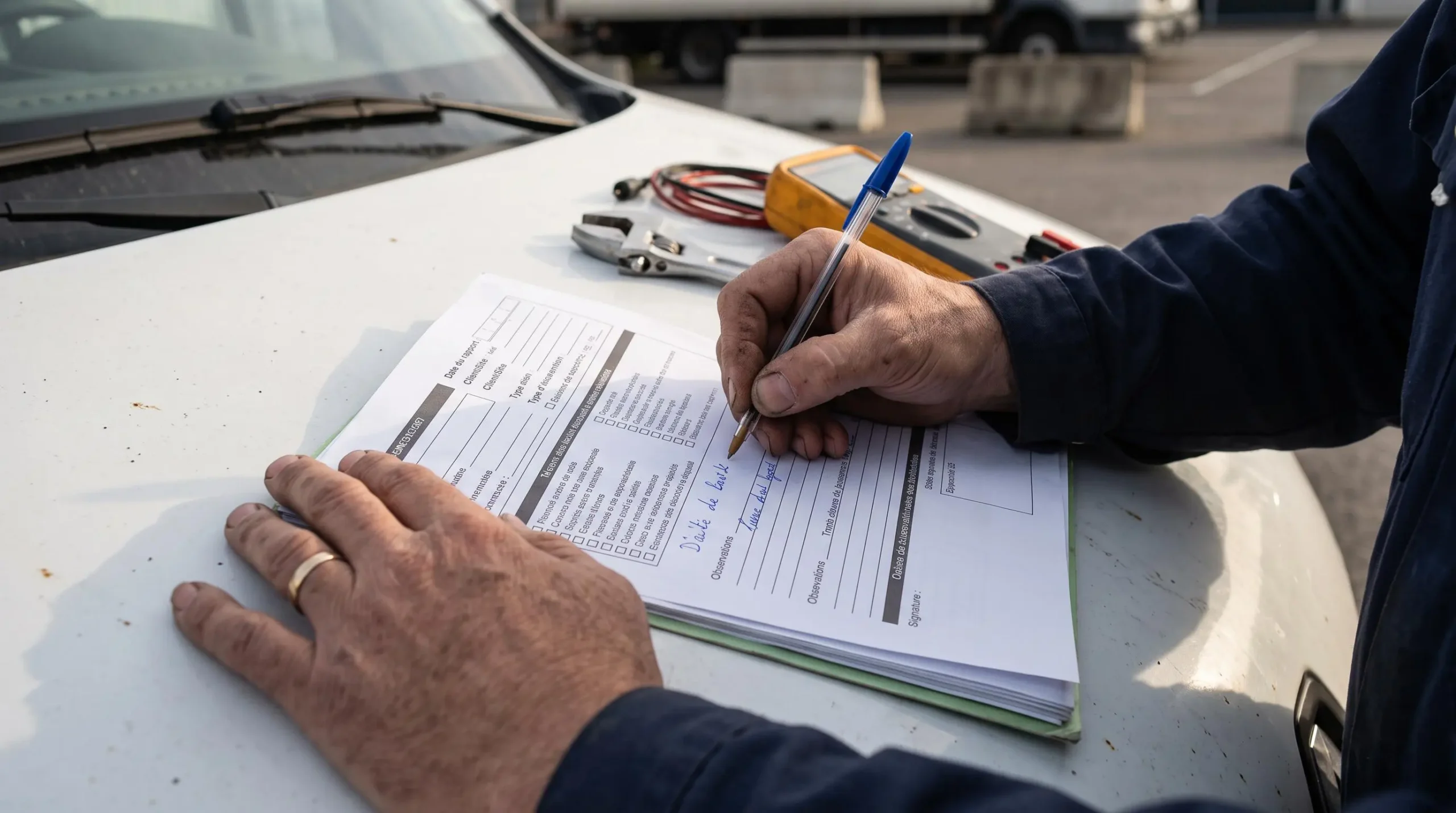 Mains d'un technicien remplissant manuellement un formulaire papier d'intervention posé sur le capot d'un véhicule utilitaire, avec outils de travail en arrière-plan