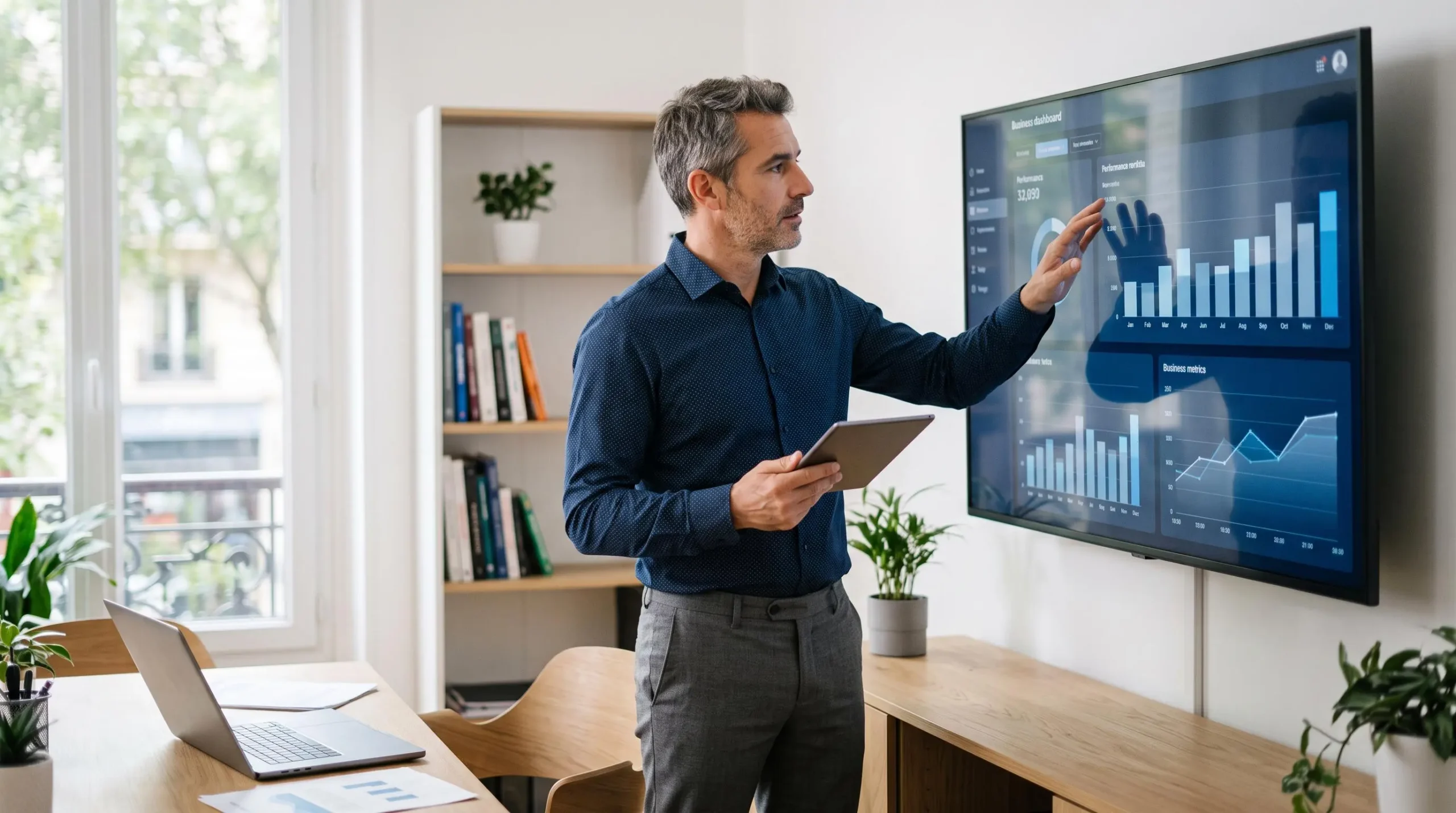 Un dirigeant de PME analyse les tableaux de bord de son ERP affichés sur grand écran pour piloter son activité