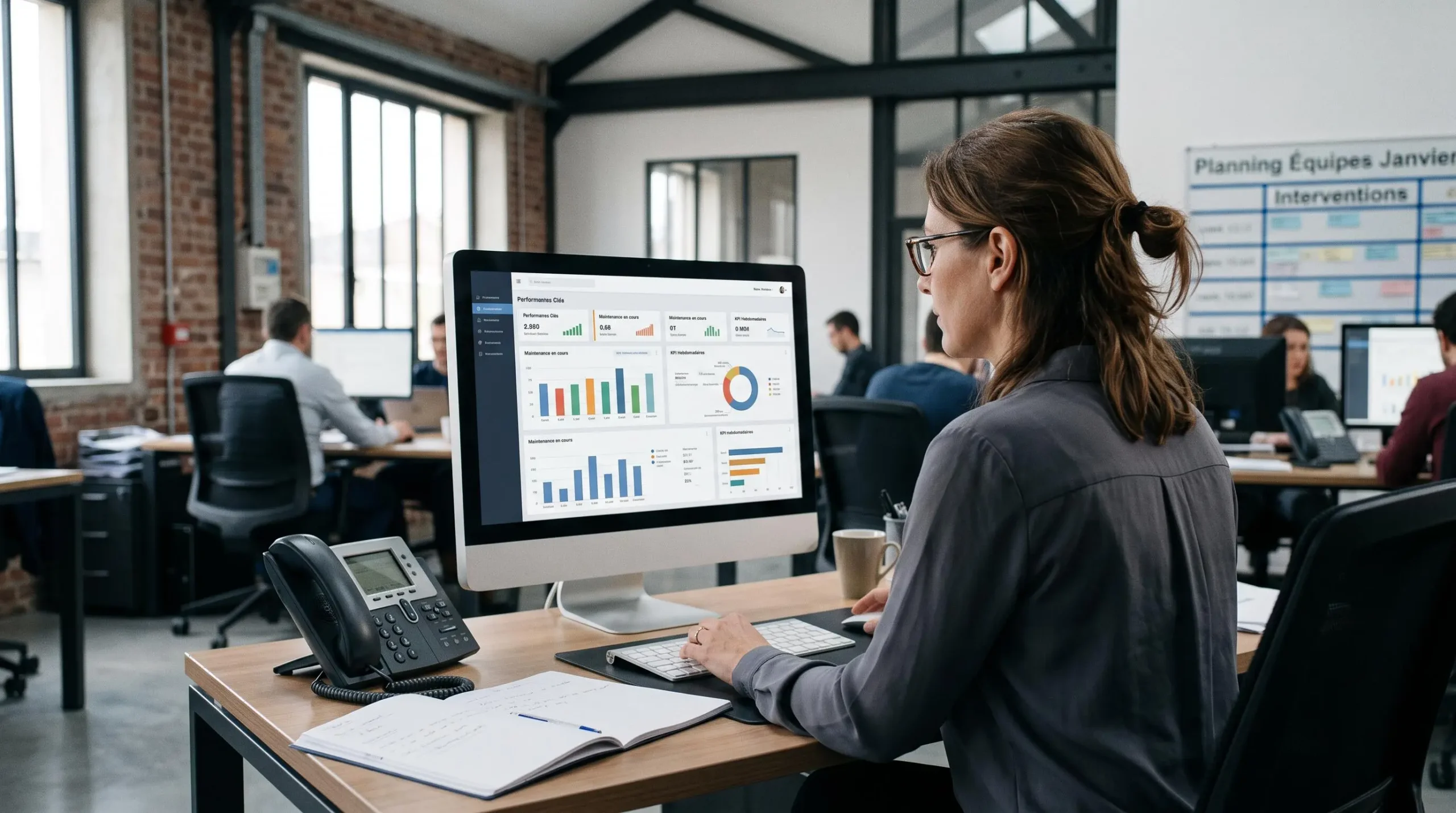 Responsable d'exploitation consultant un tableau de bord de gestion avec graphiques et indicateurs sur l'écran de son ordinateur dans un bureau opérationnel