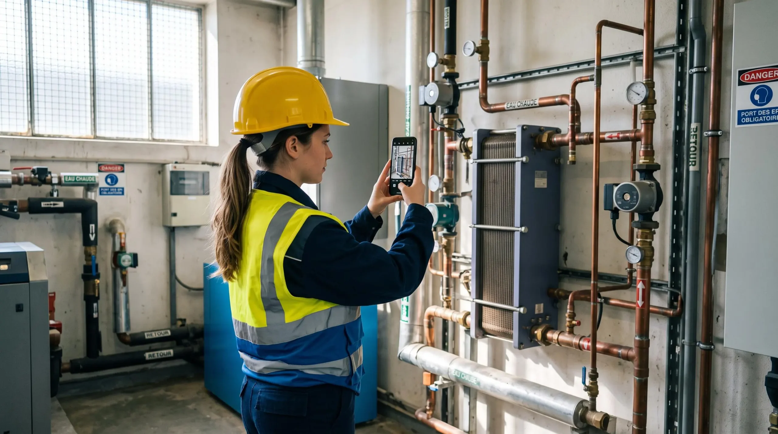 Jeune technicienne de maintenance portant casque et veste réfléchissante photographiant une installation de chauffage avec son smartphone dans une chaufferie