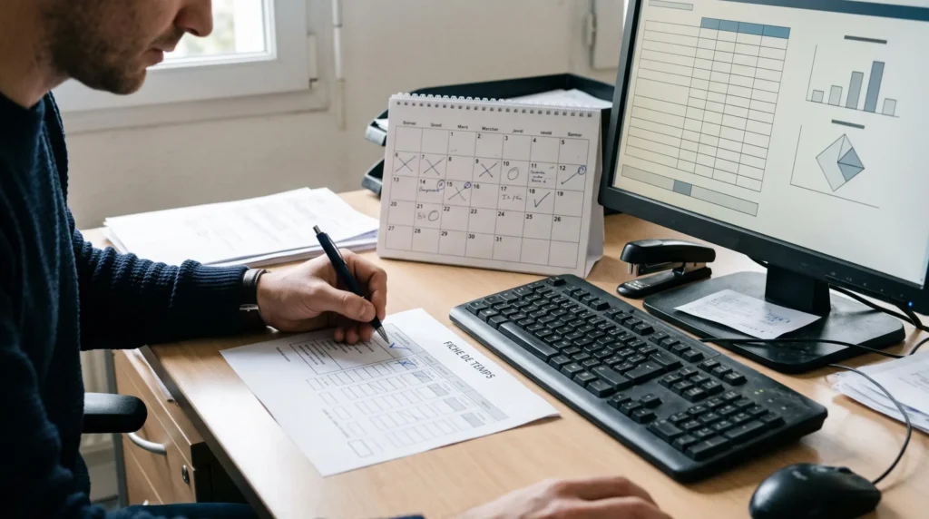 Un responsable contrôle un relevé d’heures et une correction avant validation de paie