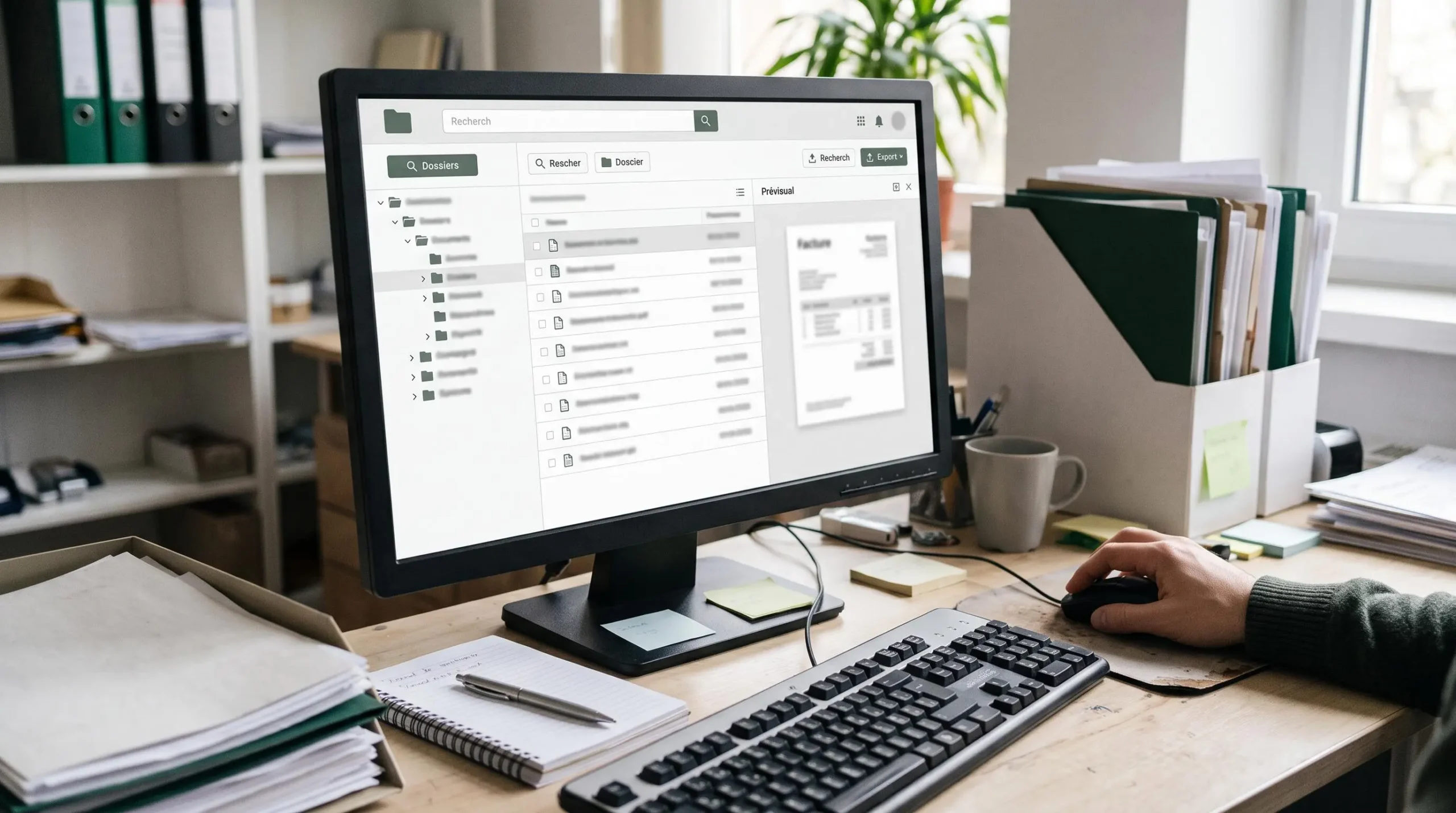 Interface générique de gestion documentaire affichant des documents classés et une fonction d'export