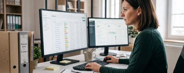 Documents comptables et facture électronique consultés sur un poste de travail professionnel
