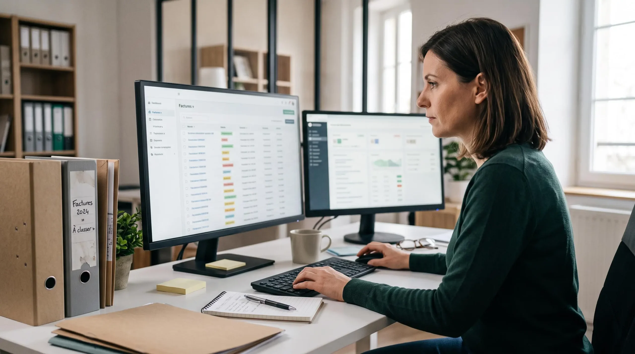 Documents comptables et facture électronique consultés sur un poste de travail professionnel