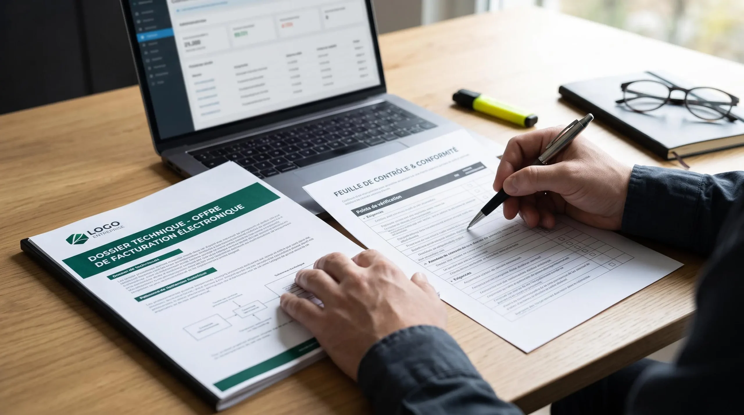 Responsable administratif comparant une documentation de raccordement et une liste de contrôle